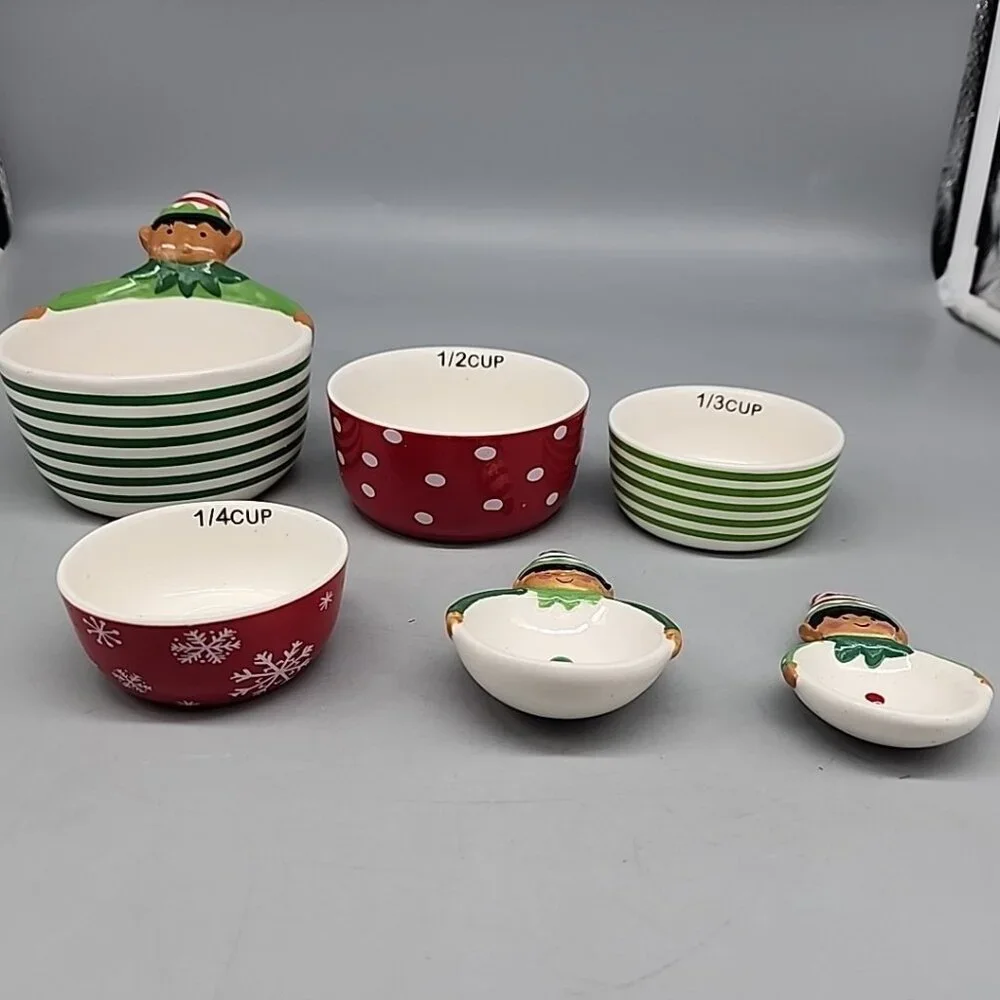 Christmas Elf Nesting Measuring Cups Spoons Set of 6 Stoneware Ceramic
